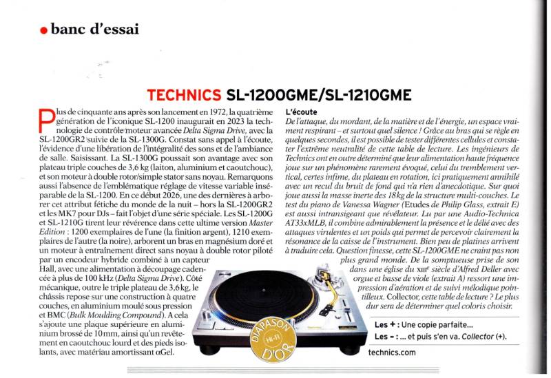 Diapason d'Or Technics SL 1210GME Master édition